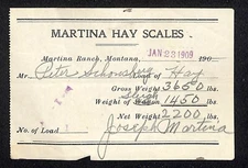 Martina Ranch Montana 1909 Martina Hay Scales 2,200 lbs. Receipt / Billhead 