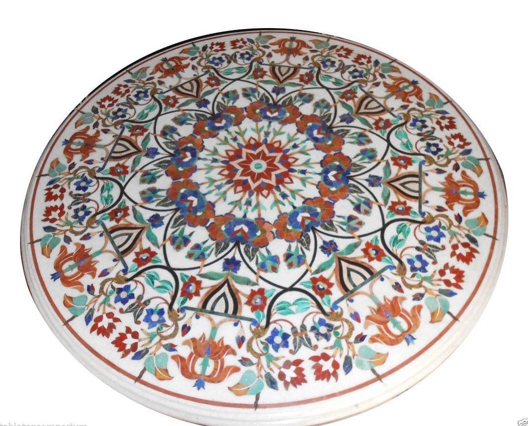 36-inch Handmade Marble Table Top with Semi-Precious Stone Inlay for Home Decor
