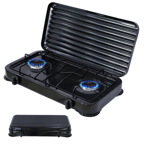 Gaskocher Camping 2 flammig mit Deckel Kochfeld Herd Outdoor Schwarz Metall 
