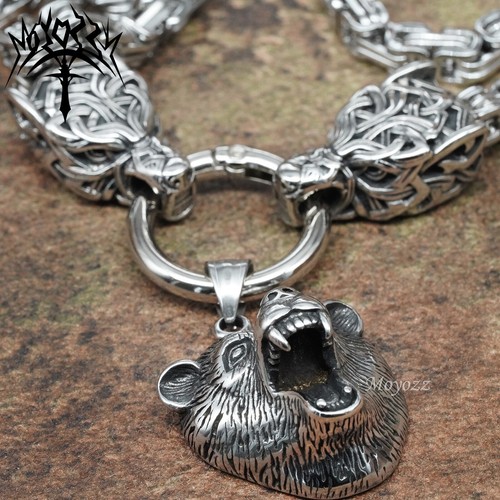 Mens Stainless Steel Heavy Wolf Viking Grizzly Bear Head Hammer Pendant Necklace - Picture 2 of 6