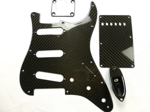 Set Real Carbon Fiber Strat Pickguard Jack Plate Tremolo Cover Neck Plate Glossy - Picture 1 of 11