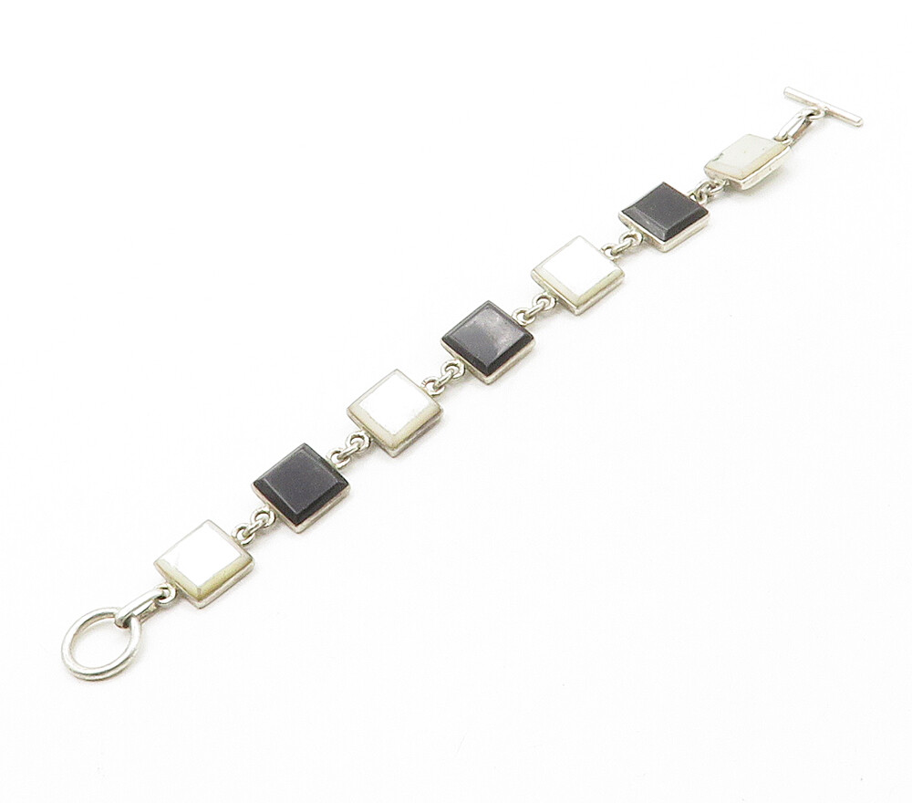 925 Silver Vintage Mother Of Pearl & Black Onyx Chain
