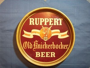 BEER TRAY RUPPET OLD KNICKERBOCKER 13 1/4 INCH DIAMETER X 1 5/8 RED MAROON GOLD