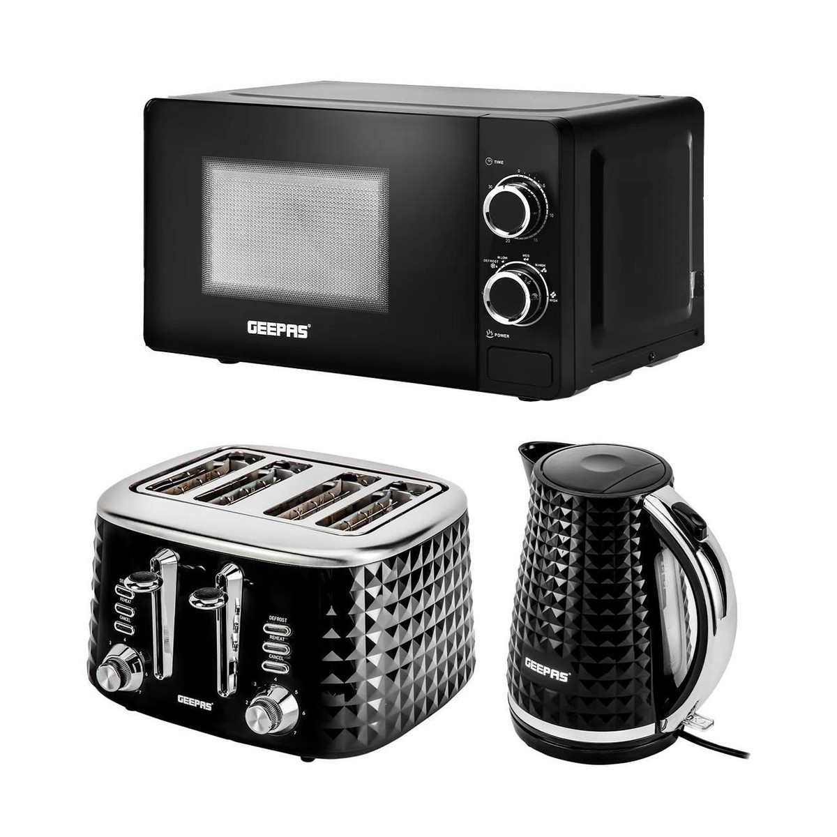 Geepas Electric Kettle Slice Bread Toaster Microwave Kitchen Set Black