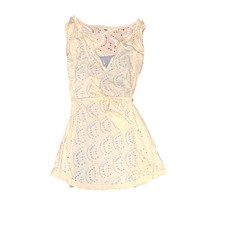 Free People Cream Eyelet Tunic Mini Dress Blue Slip Lining Tie Waist Small