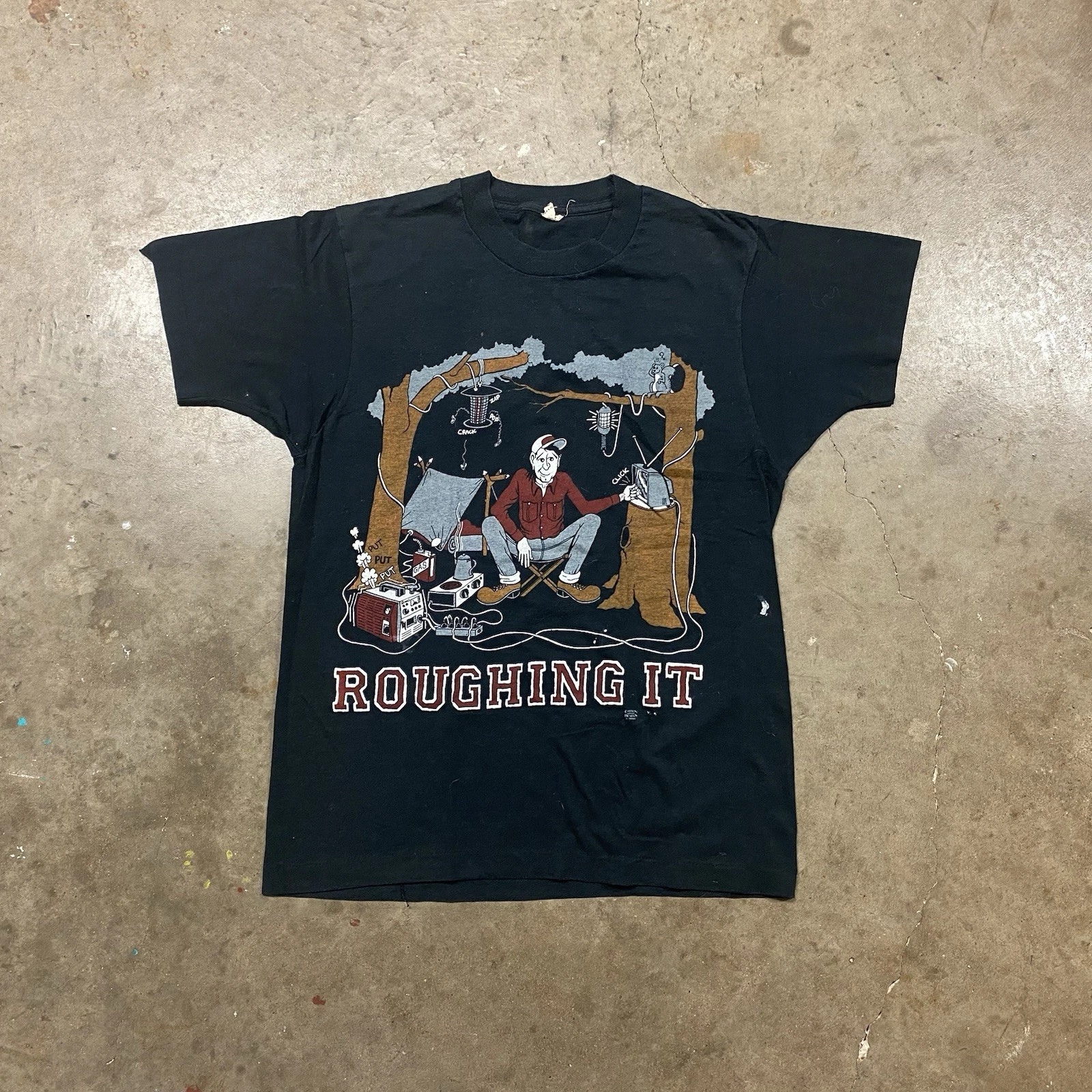 Vintage 90s Roughing It Camping T shirt | Screen Stars | M