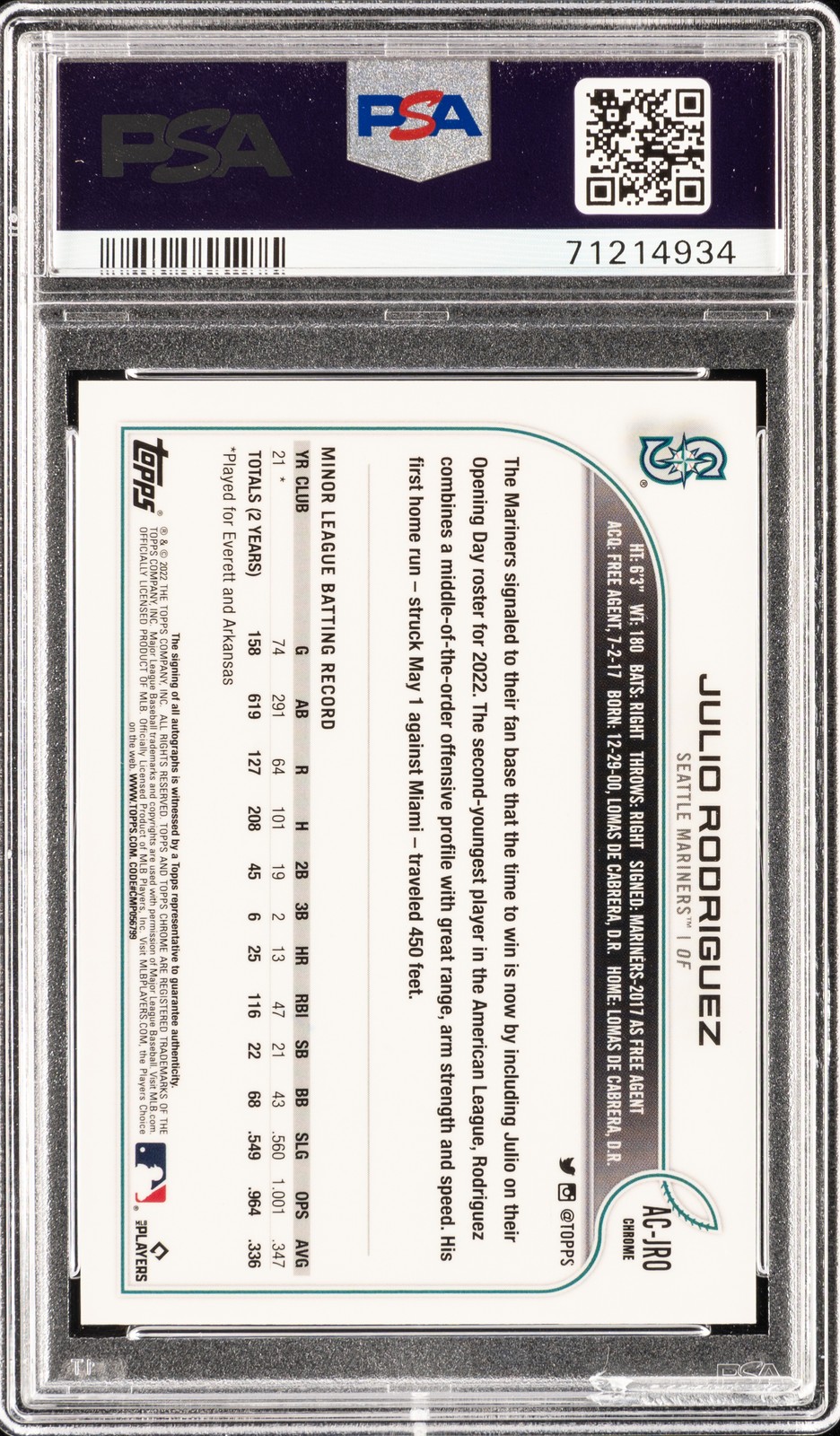 2022 TOPPS CHROME UPDATE AUTO #ACJRO JULIO RODRIGUEZ ROOKIE RC PSA 9 AUTO view 2