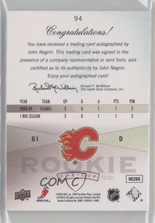 2009-10 Upper Deck The Cup Gold Rainbow /61 John Negrin #94 Rookie Auto RC - Image 2 of 2