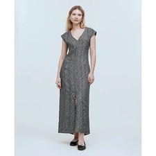 Madewell Midi Dress Womens 0 Black White Paisley Cupro Blend Cap Sleeve V-Neck