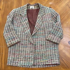 Vintage Alex Multicolor Boucle Open Long Blazer Coat 8 Shoulder Padding Lined