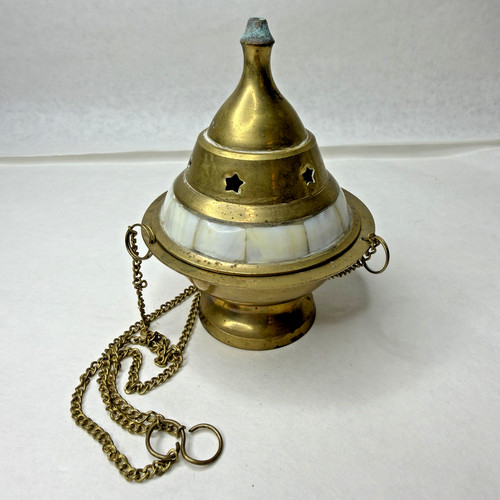 Brass & Mother Of Pearl Inlay Incense Burner Hanging Aromatherapy Vintage