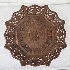 Vintage Hand Carved Wooden Ornate Scalloped Tray Plate Bowl Flower Floral Motif
