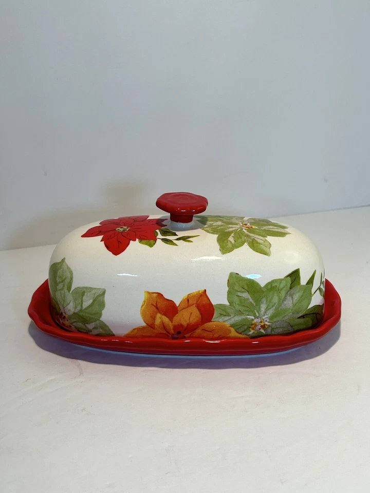 Plato de Mantequilla Mujer Pionera Cubierto Poinsettia Navidad Rojo/Blanco Floral Foto 2 de 4