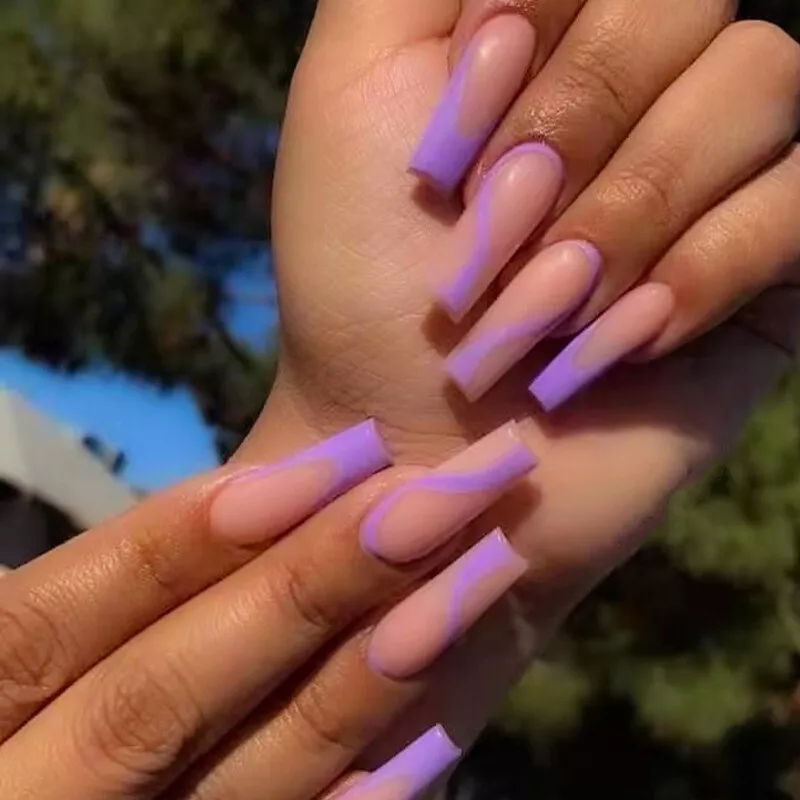 Extra Long Coffin French Purple Wave Pattern Fake Nails Beauty Press On Nails