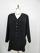 Ali Mile Petites Women's Black V-Neck Button Down Tunic Top Sz 10 Made in USA