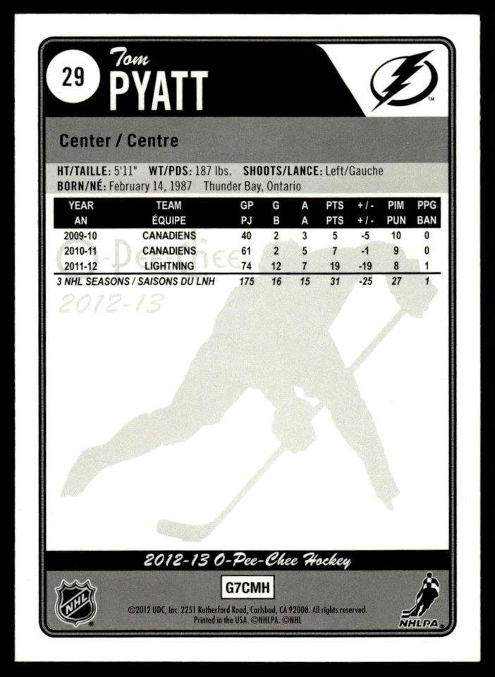 2012-13 O-Pee-Chee RAINBOW FOIL Tom Pyatt Tampa Bay Lightning #29 - Image 2 of 2