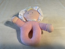 VTG. EDEN PLUSH PINK LITTLE GIRL GRASPING RATTLE, SOFT VELOUR-LIKE, MACHINE WASH