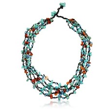 Festive Multi-Layered Red  Turquoise Mix Beads  Stones Statement Necklace