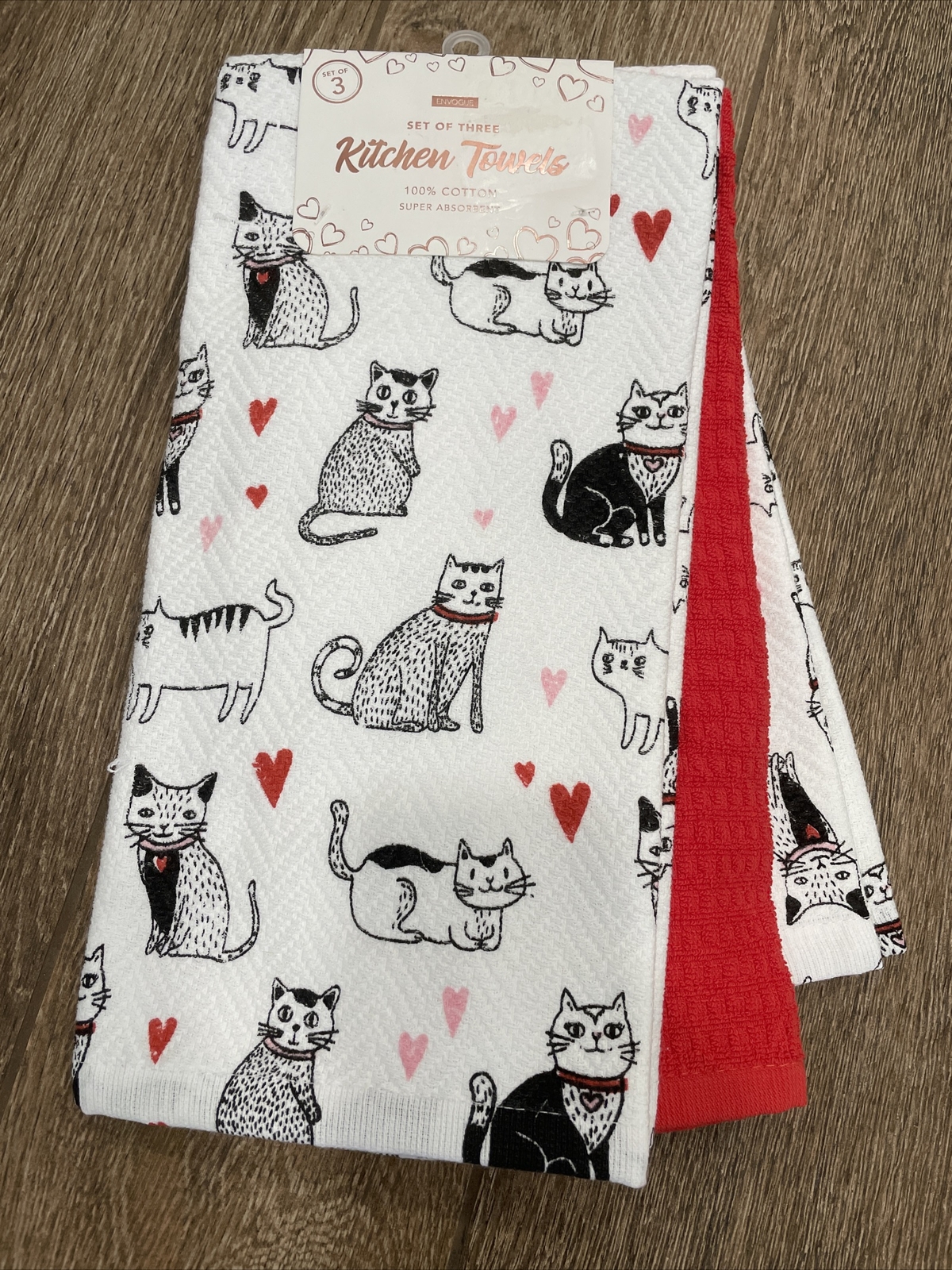 Set 3 CATS Black White Red Kitchen Towels Cat Mom Pink Hearts Mothers
