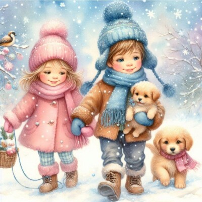 Handmade WINTER WALKS #7 Kids w. Dog 8x8 Craft or Quilt Cotton Fabric Block