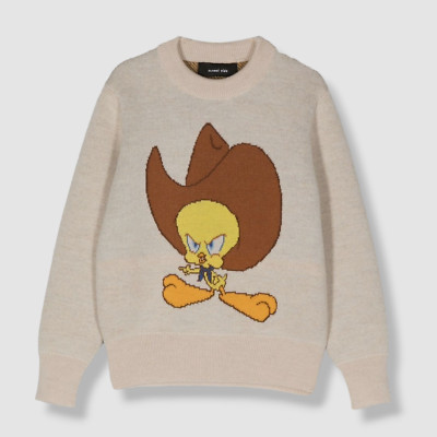 $880 Alanui Kid's Girls Beige Tweety Cowboy Wool Crew Neck Sweater Size 10