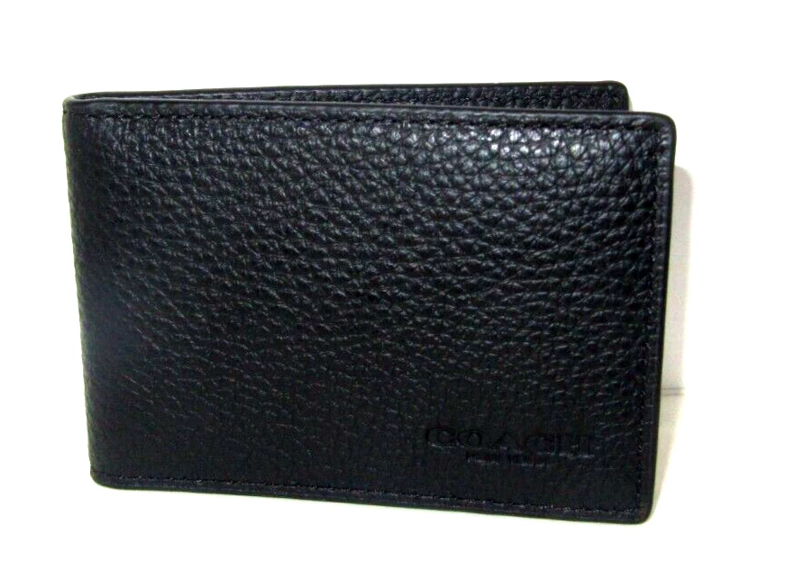 Nueva Cartera Coach CM167 Negra Cuero Guijarro Compacta Doble Plegable Nueva con Etiquetas $150