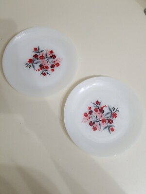 Vintage Fire King Primrose Red Pink Flowers dish plate set 2. 7.5