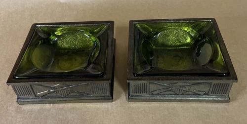 Set Of 2 Rare Vintage 4” Glass Ashtray Square Emerald Green Mid-Century Modern