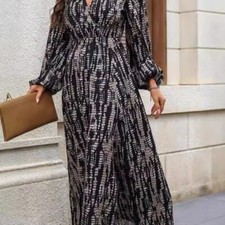 V-neck Long Sleeve Tie-dye Dress - Summer long Dress