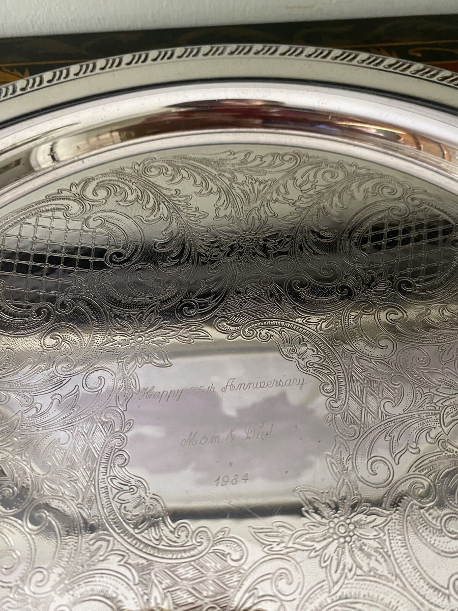 Vtg Leonard Silverplate 12” etched serving platter/tray, engraved