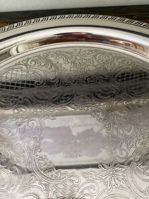 Vtg Leonard Silverplate 12” etched serving platter/tray, engraved