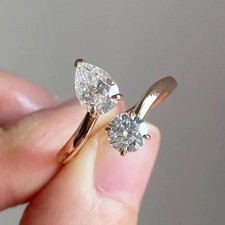 Toi et Moi engagement Ring Lab Created Diamond wedding 14K Yellow Gold Plated