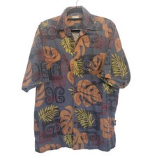 Go Barefoot Hawaiian Shirt Mens L Blue Orange Tropical Monstera Made in USA