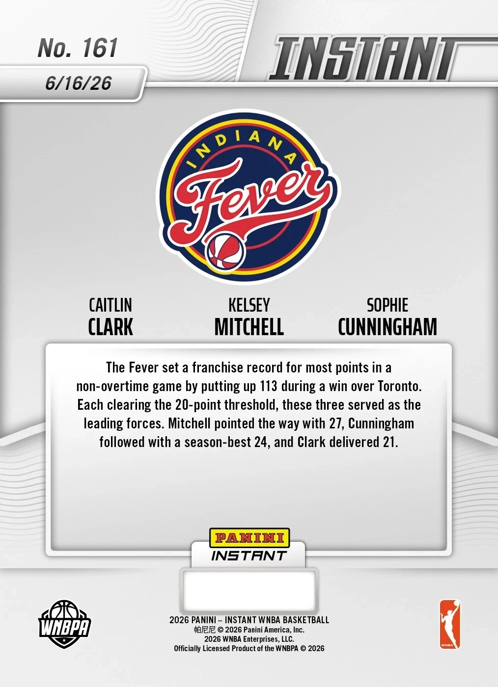CLARK MITCHELL CUNNINGHAM - 2026 Panini Instant WNBA #161 FEVER - **PRESALE** view 2