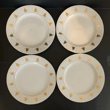 Tienshan Golden Pines 10.5" Dinner Plates White With Gold Trees & Trim Set of 4