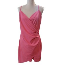 New Coral Pink Wrap Front Ruched Mini Dress XL Sleeveless Spaghetti Strap