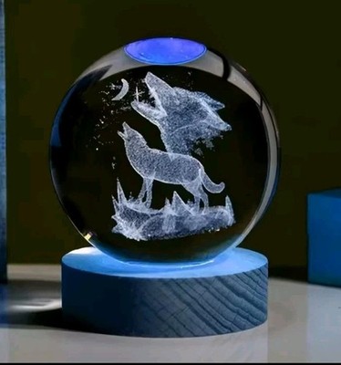 3D Laser Gravur Leuchtende Kristall Kugel Wolf Nacht Lampe Tischlampe Tolles Geschenk 