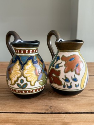 Paar 20er Jahre Gouda Holland Keramik Krüge 4 & 1/2'' hoch