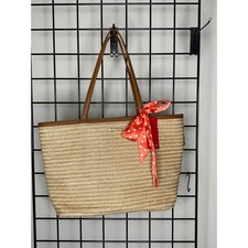 NWT Rampage Straw Tote Bag with Coral Polka Dot Scarf - Boho Summer Beach