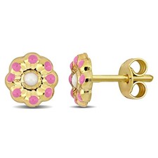 Amour Pink and White Enamel Flower Stud Earrings in 14k Yellow Gold