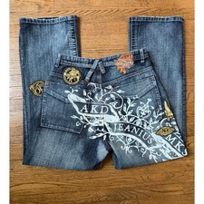 Vtg Akademiks Jeanius Baggy Wide Leg Y2K Embroidered Jeans Size 32