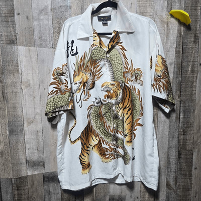 LA Beat White Dragon Tattoo Vintage Y2K Buttom Up Shirt XL Retro Streetwear Tren