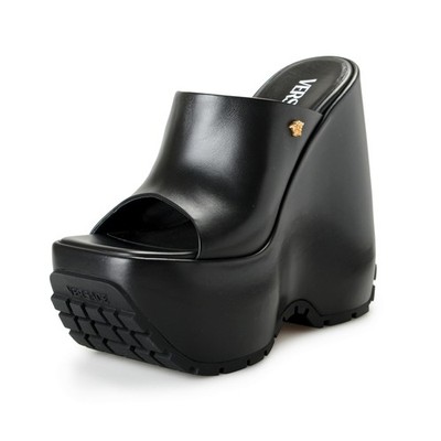 Versace Women's Black Leather Platform Mule Sandals Shoes