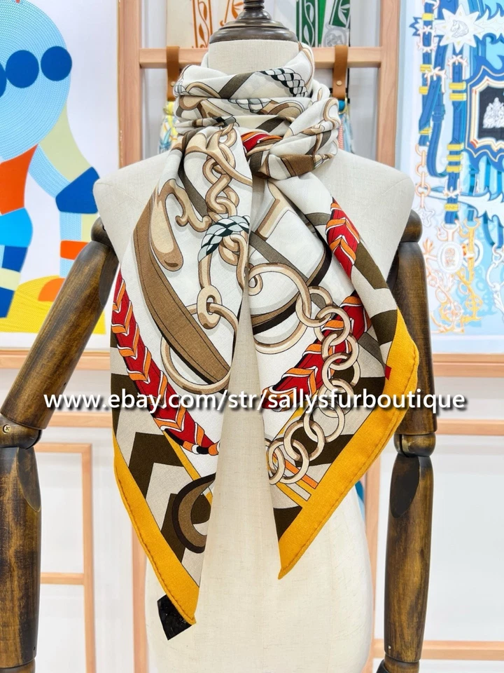 Sallys 70% Cashmere & 30% Silk Stole Chains Print Double Face Scarf Shawl 53" - Image 2 of 4