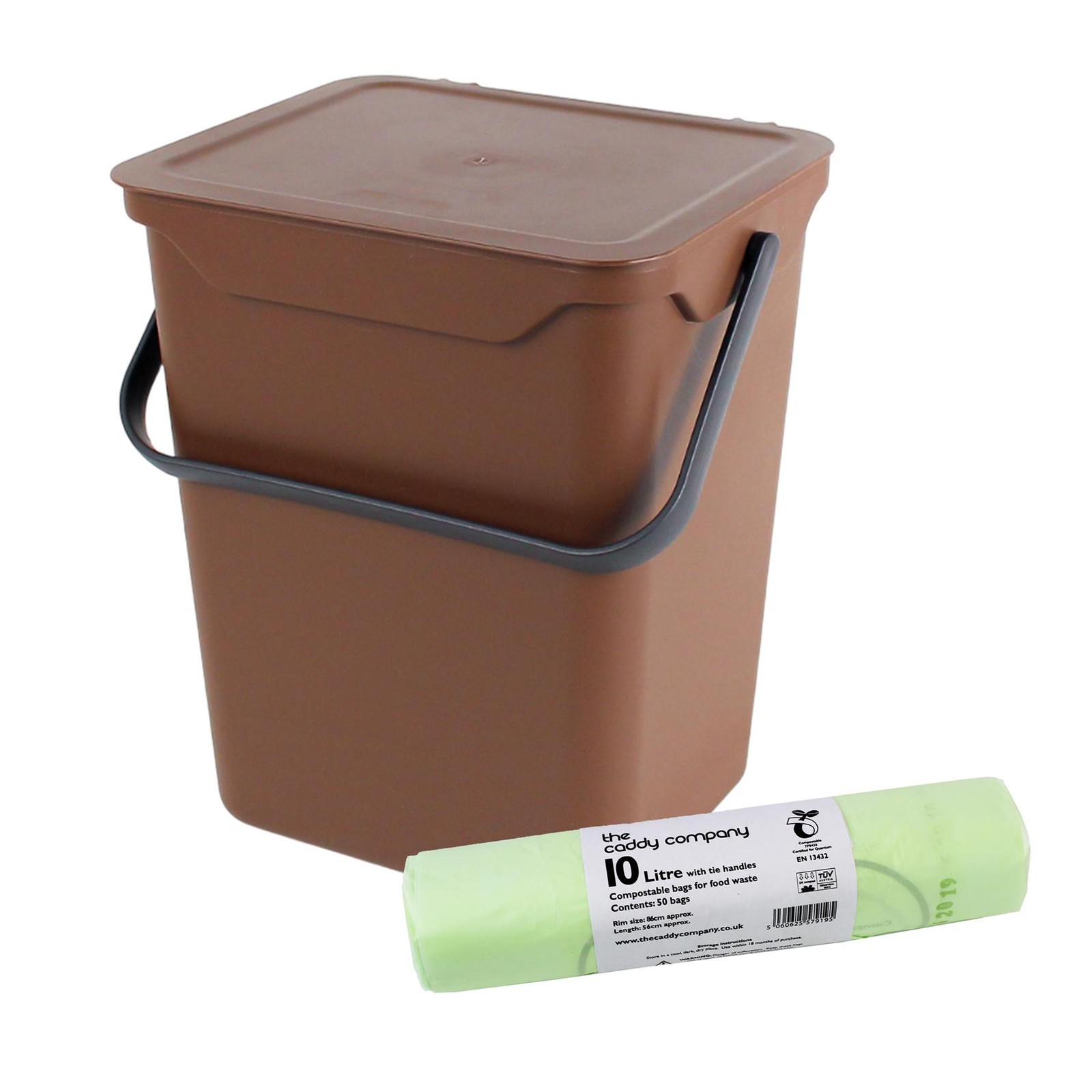 Easy Eco 10L Large Brown Plastic Kitchen Caddy & 50x10L Tie Compostable Bags