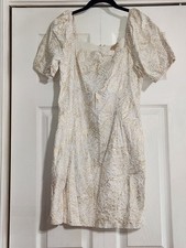 Michael Kors Womens Small Dress With Puff Sleeves  White With Gold Flowers