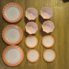 vintage Hazel Atlas Ripple Crinoline Pink 9”3  plates 4 saucer 4 4 dessert bowl 