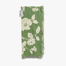 NEW Shabby Chic Reversible Throw Blanket Green Ivory Floral Fringed Hem