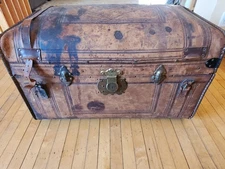 Antique 19th Century Sole Leather Domed Trunk WORKING KEY Corbin Hardware Rare