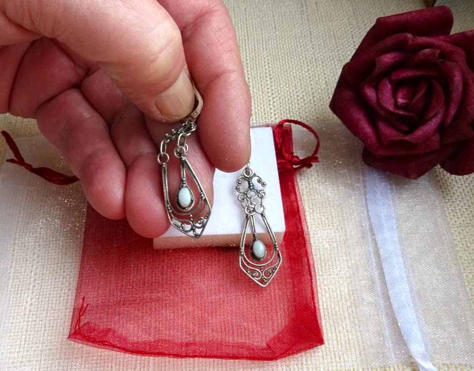 Filigrane Art Deco-Vintage 925 Silber Ohrhänger mit Milchopal! Traumhaft-ca 3,4g - Bild 4 von 4